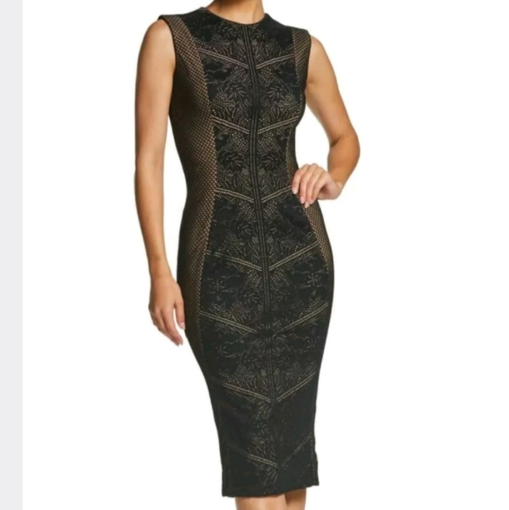 Dress the Population Black Midi Sheath Dress with Gold Accents